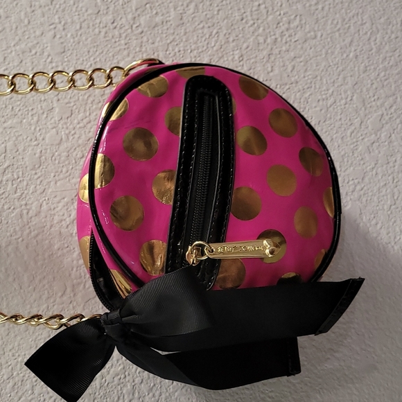 Betsey Johnson Pink Handbag with Gold Polka Dots and Black Bow and Strap - Picture 5 of 12
